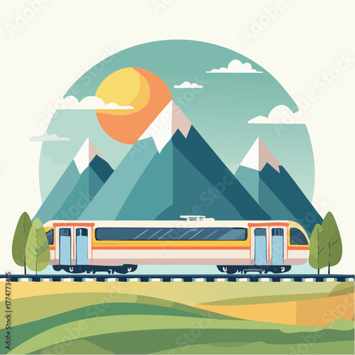 A modern passenger train travels on a railway through a scenic mountain landscape with a sun in the background.