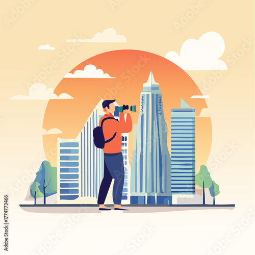 A male photographer capturing city skyscrapers and urban landscape during sunset.