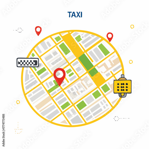 Illustration depicting a taxi service with a map, taxi icons, and location markers.