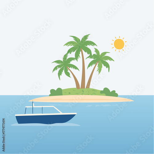 A cartoon illustration of a tropical island with three palm trees and a sandy beach, surrounded by blue ocean water, with a small blue boat sailing nearby under a bright yellow sun.
