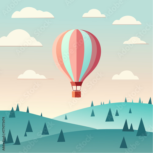 A colorful hot air balloon gracefully floats over a serene, stylized forest landscape under a calm sky with clouds.