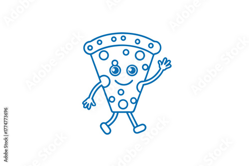 Joyful blue pizza slice mascot cheerfully waves while walking on a white background