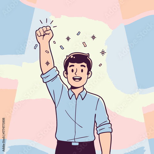 Illustration of a jubilant man raising his fist in a gesture of triumph and success, surrounded by confetti