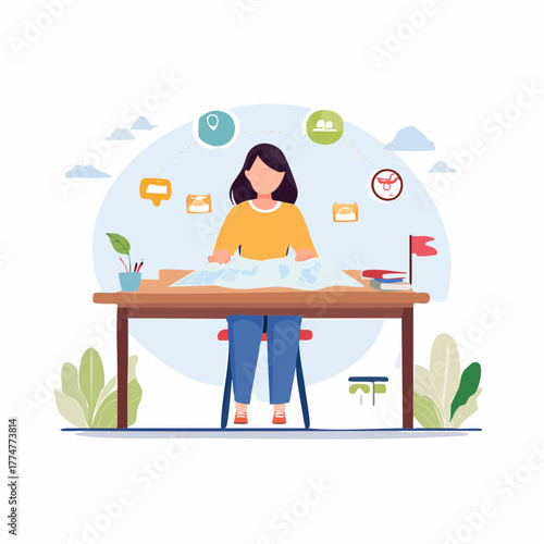 A person sitting at a desk, studying a map with various icons floating above.