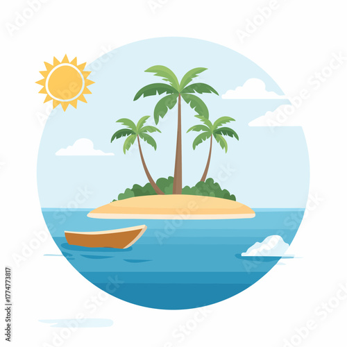 Tropical island with palm trees, a boat, and a bright sun in a serene ocean scene.