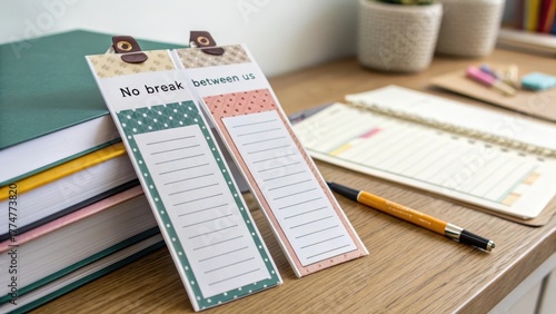 Stylish Bookmark Designs on a Wooden Desk with Stationery Setup