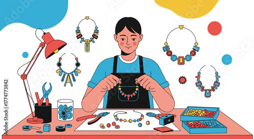 Creative artisan crafting vibrant beaded necklaces with tools and colorful supplies in a bright, modern studio workspace