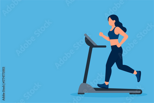 Fit Woman Running on Treadmill – Flat Vector Illustration