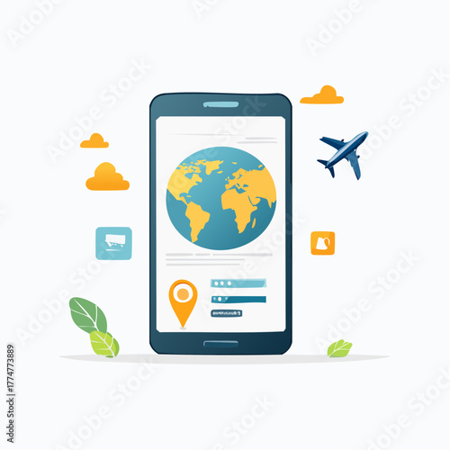 Smartphone with a global travel application, showing a world map, location pin, and airplane icon for online booking.