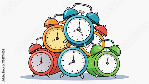 A stack of colorful alarm clocks showing different times