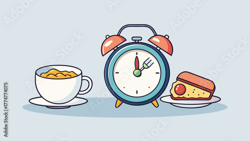 Alarm clock with breakfast food on a table