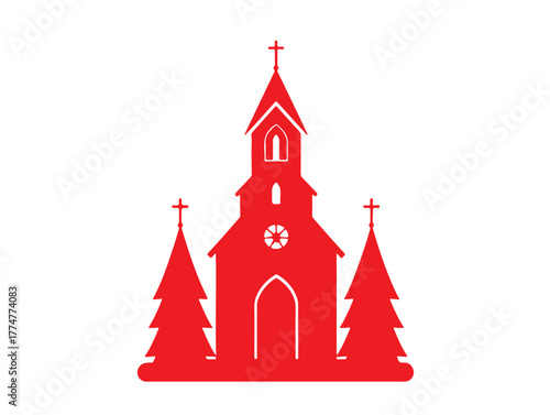 Christmas church red icon in silhouette white background.