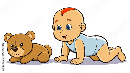 Baby crawling toward a teddy bear with happy expression