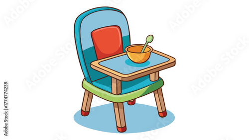 Cartoon baby chair with bowl and spoon on the tray
