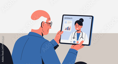 Elderly man confidently reviews lab results with a friendly doctor during a telehealth video call for modern healthcare access