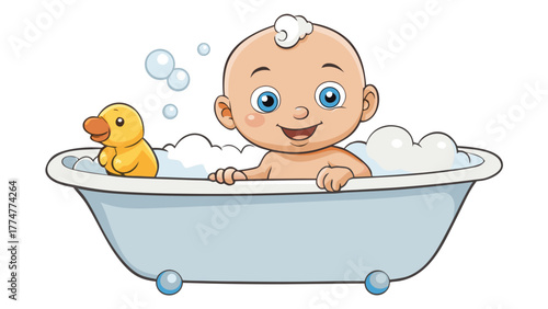 Cartoon baby in a bathtub with bubbles and a rubber duck