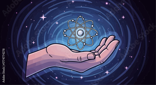 Gentle hand cradles atomic symbol representing scientific discovery and the universe's endless possibilities, inspiring innovation.