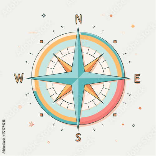 Illustration of a compass rose with N, E, S, W directions and a star shape in the center.