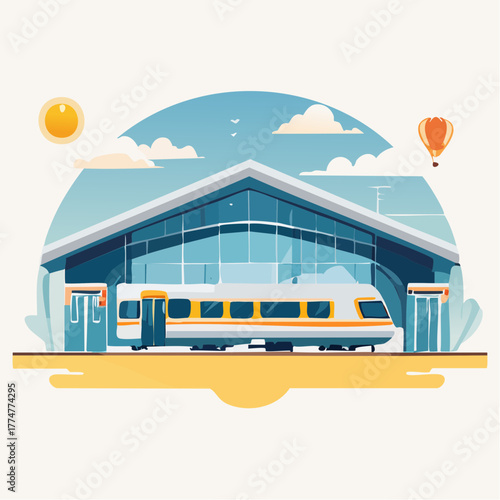 Illustration of a modern train station with a train inside, sunny day, and a hot air balloon.