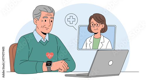 Senior man consults doctor remotely via video call, embracing modern telehealth for convenient health monitoring and care.