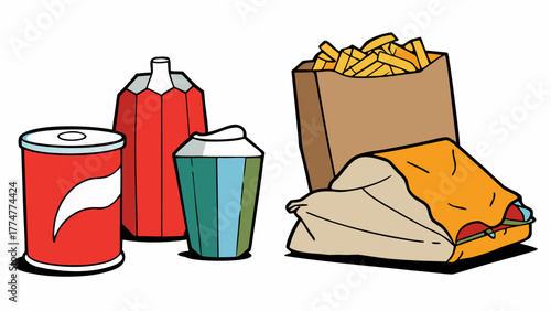Fast food and soda drinks in paper bags and cups