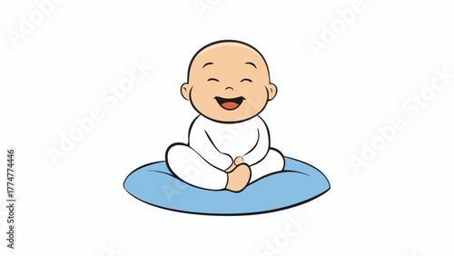 Happy baby giggling while sitting on a soft pillow