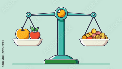 Healthy food versus unhealthy food comparison on a balance scale