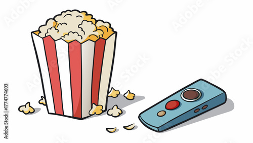Popcorn and Remote Control on White Background