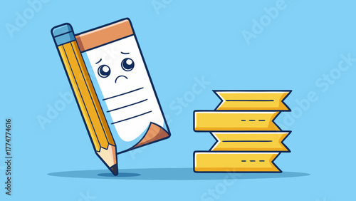 Sad Cartoon Notepad and Pencil Symbolizing Unfinished Writing
