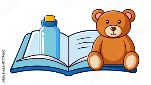 Teddy Bear Next to Open Book and Bottle in a Vector Illustration