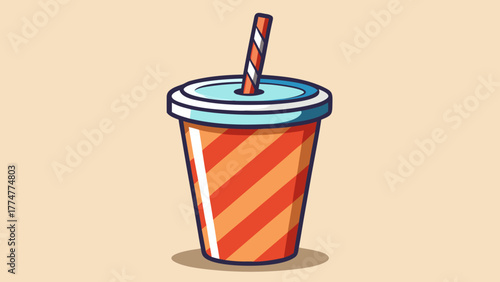 A cartoon soft drink cup with straw against a beige background