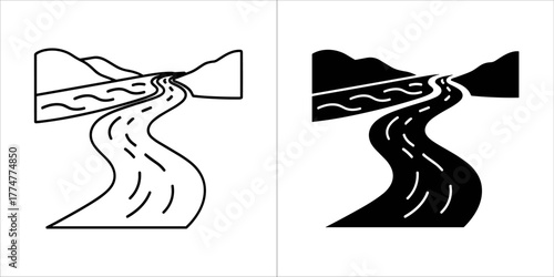 River flowing through mountains, black and white line art and silhouette