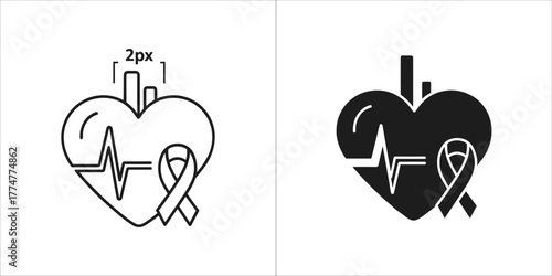 Heart with ekg line and ribbon, black and white line art and silhouette
