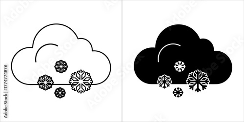 Two icons of clouds with snowflakes, one outlined and one solid black
