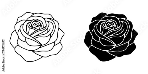 Two icons of a rose flower, one outlined and one solid black
