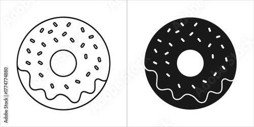 Outline and silhouette of a frosted donut with sprinkles