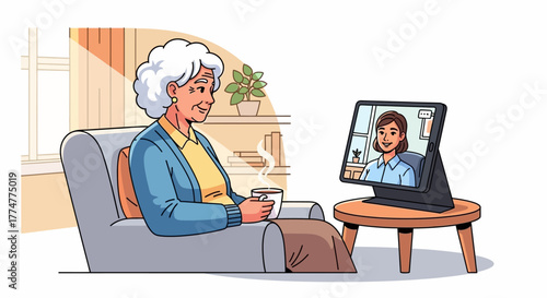 Joyful grandmother connects with family via video call, enjoying a warm beverage in her cozy living room, fostering intergenerational bonds and modern communication.