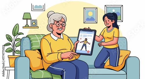 Joyful grandmother and granddaughter happily share digital fitness routine on tablet, embracing modern wellness together at home