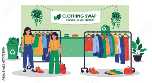 Two women excitedly participate in a vibrant clothing swap event, promoting sustainable fashion and eco-friendly choices for a greener future.