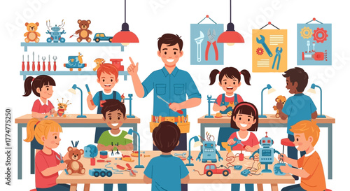Engaged children enthusiastically build robots and toys with a helpful teacher in a vibrant workshop setting, fostering creativity and STEM learning.