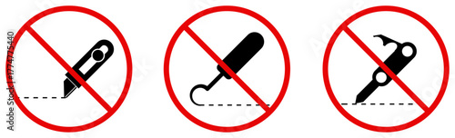 No knife or blade allowed icons. Set of red prohibition signs indicating cutting tools forbidden or sharp object restriction. Safety, warning, and caution vector illustration on white background.