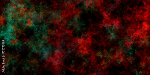Abstract red and green grunge texture background. Dark colorful noise pattern with nebula dust effect. Distressed black surface vector illustration for mystery design