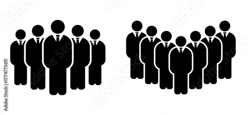 Business team group icons showing people standing together symbolizing teamwork, leadership, organization, and collaboration. Ideal vector for corporate presentations, HR, or management concepts.
