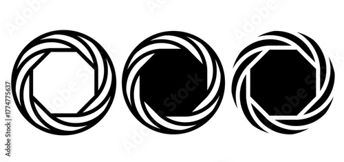 Camera shutter aperture icons set in three styles. Vector symbol for photography, focus, lens, precision, optical design, creativity, and professional visual media concept.