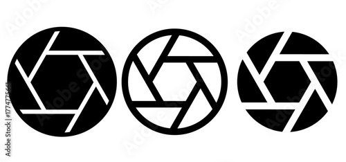 Camera shutter aperture icons set in three styles. Vector symbol for photography, focus, lens, precision, optical design, creativity, and professional visual media concept.
