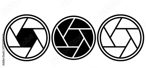 Camera shutter aperture icons set in three styles. Vector symbol for photography, focus, lens, precision, optical design, creativity, and professional visual media concept.