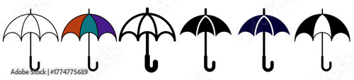 Umbrella icons set in multiple styles and colors. Vector illustration symbolizing protection, safety, insurance coverage, weather, rain, and security concept in simple modern design.