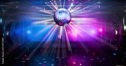 Disco style. Bright lights. Looping 3D animation of a rotating disco ball. Retro disco animation. VJ loop. Dance music. Intro for a music track. Smooth rotation of the disco ball with reflections.