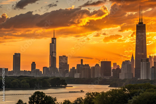 Fototapeta Naklejka Na Ścianę i Meble -  chicago skyline at sunset