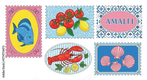Mediterranean food and sea life illustration on vintage stamps. Travel and food concept design.